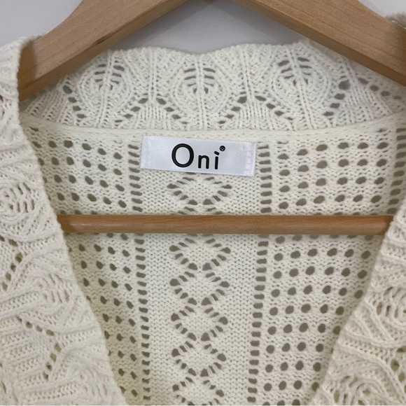 Oni Open Knit Cardigan Sweater Womens M Cream Crochet Grandma Pearl Buttons! EUC - Picture 14 of 14